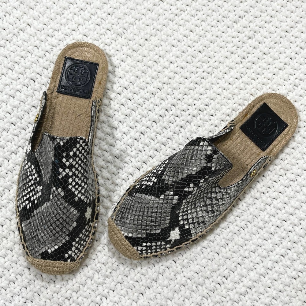 Tory Burch Snake Print Slide Mules in Black and Gray